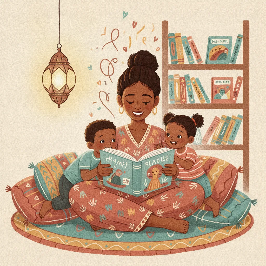 Illustration of a mother reading a bilingual storybook aloud to two children by lantern light, surrounded by colorful storybooks