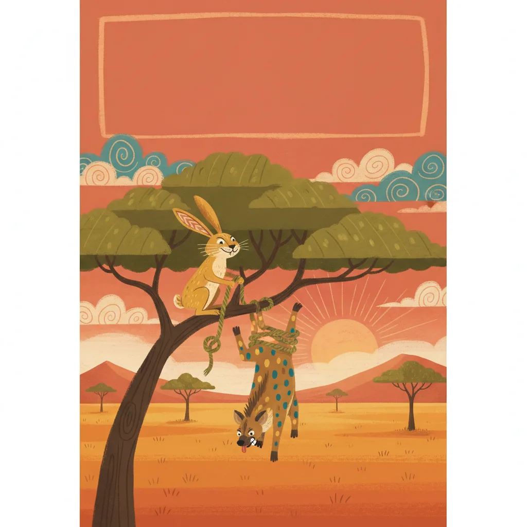 Illustrated cover of a clever golden rabbit outsmarting a hyena under an acacia tree