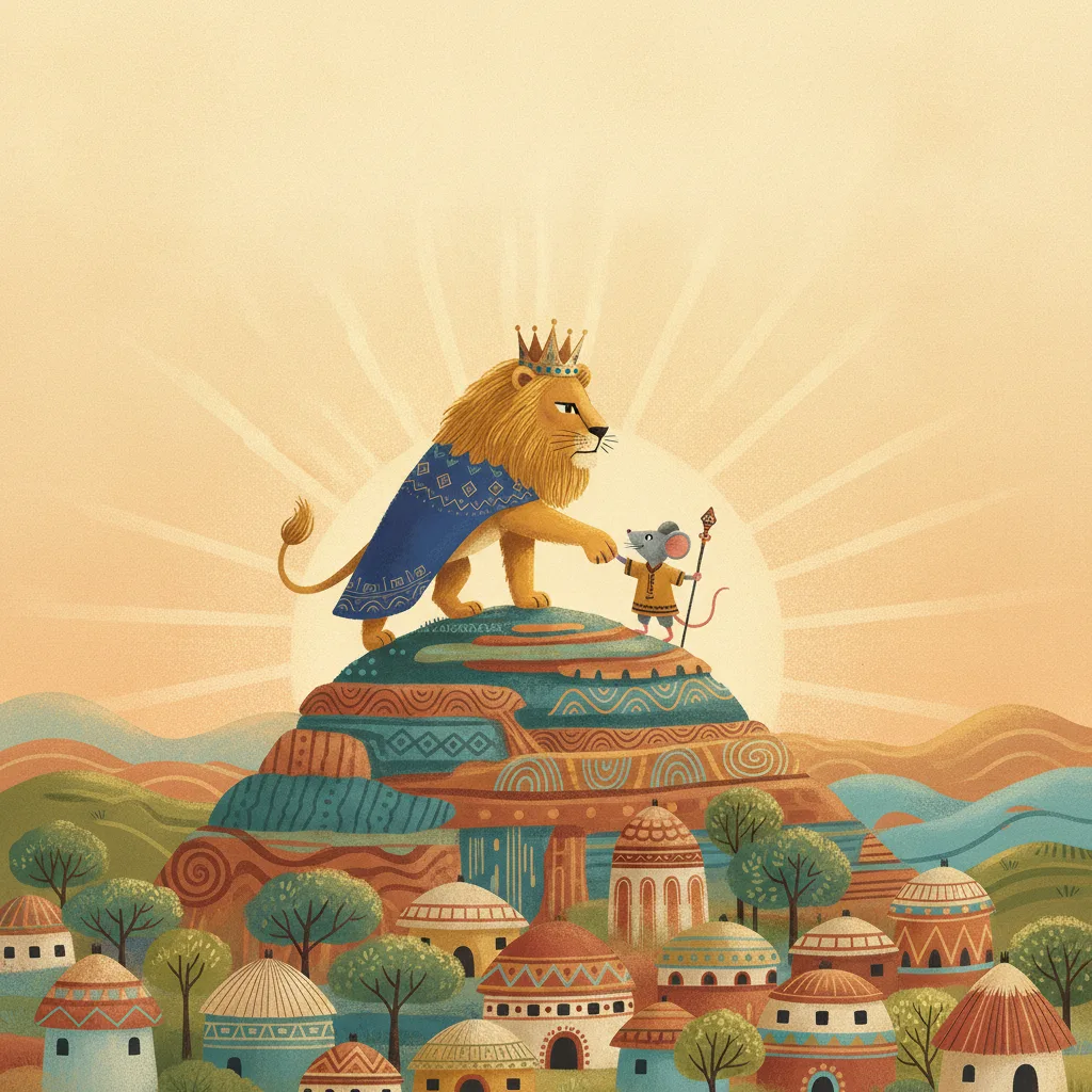 Illustrated cover of a lion king shaking hands with a small brave mouse over an Ethiopian village