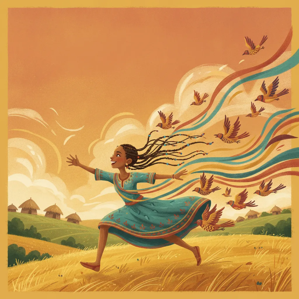 Illustrated cover of a joyful girl racing the wind across Ethiopian highland fields