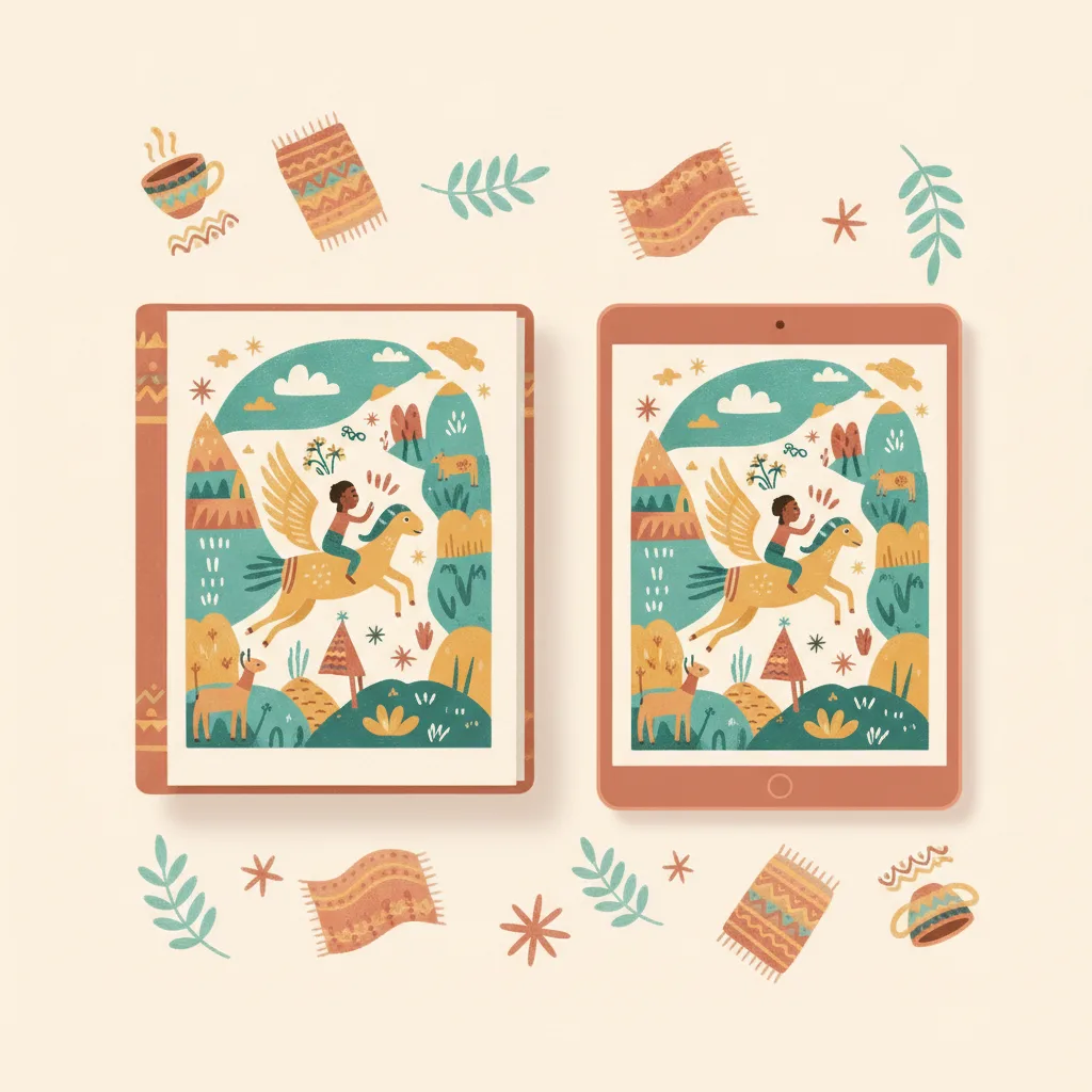 Flat lay of an illustrated storybook next to a tablet showing the same colorful page, surrounded by Ethiopian folk motifs