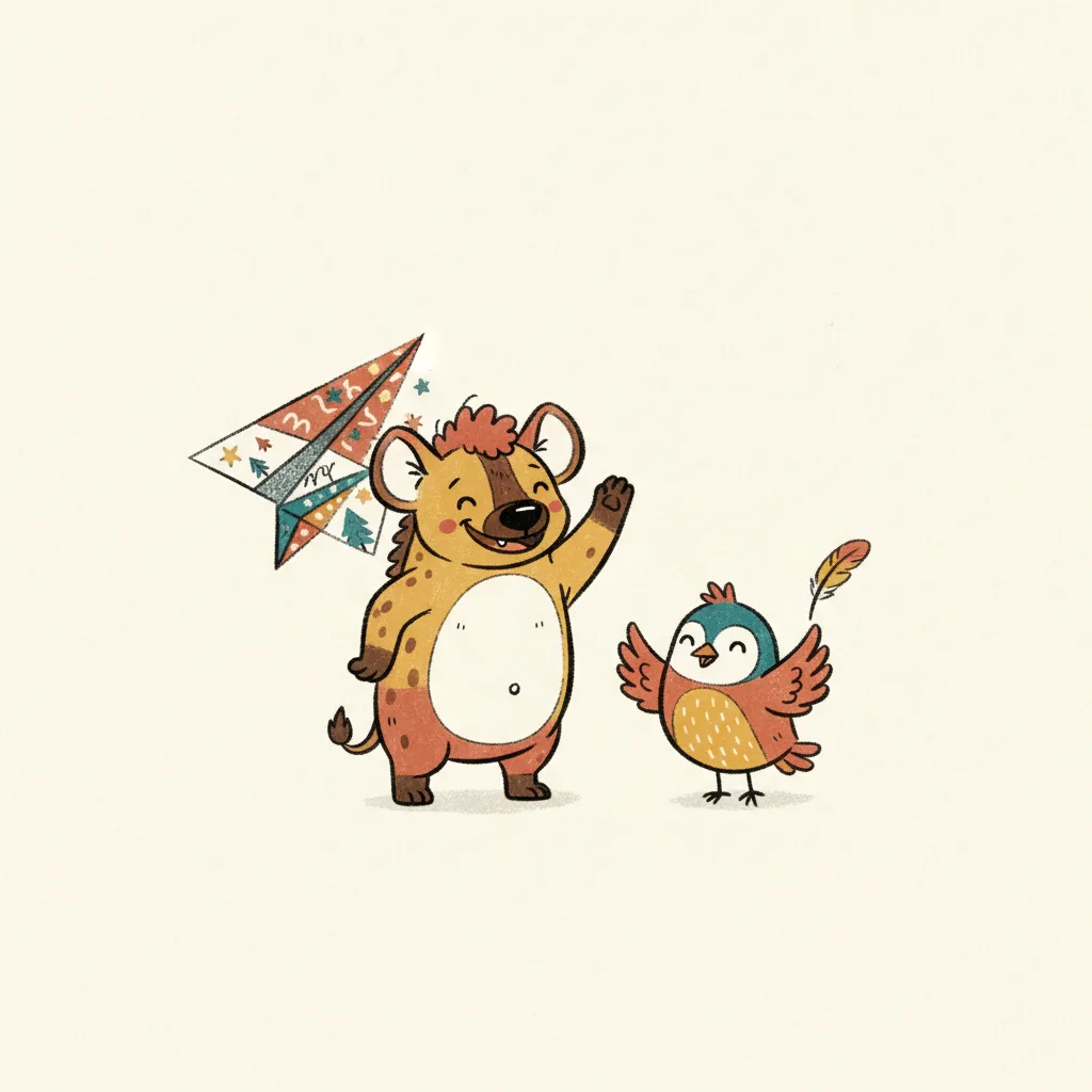 Playful illustration of a paper airplane folded from a storybook page flying past a smiling hyena pup and a tiny bird